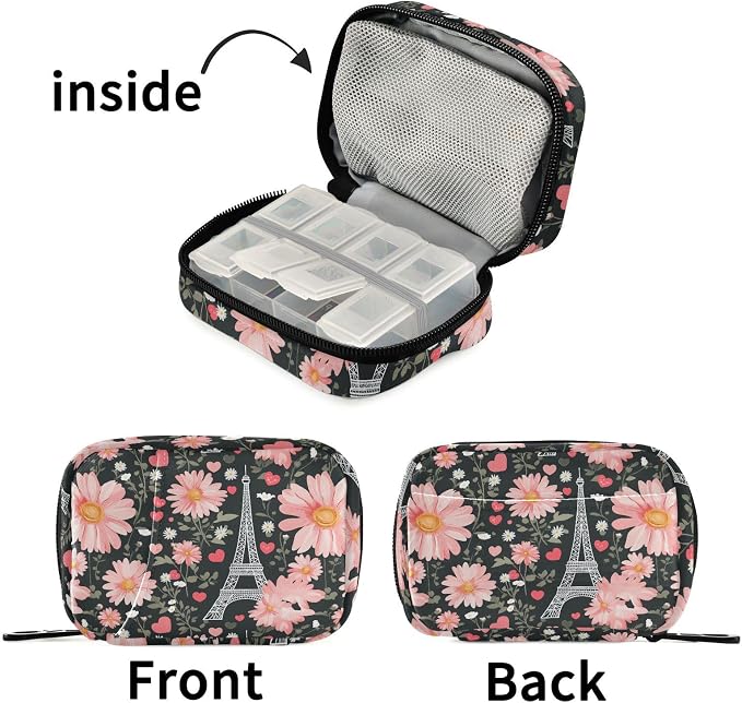 Fustylead Vintage Eiffel Tower Pink Hearts Daisy Flowers Travel Pill Organizer Bag with Zipper Small Pill Box 7 Day Pill Case for Purse Storage Weekly Vitamin Medicine Supplement
