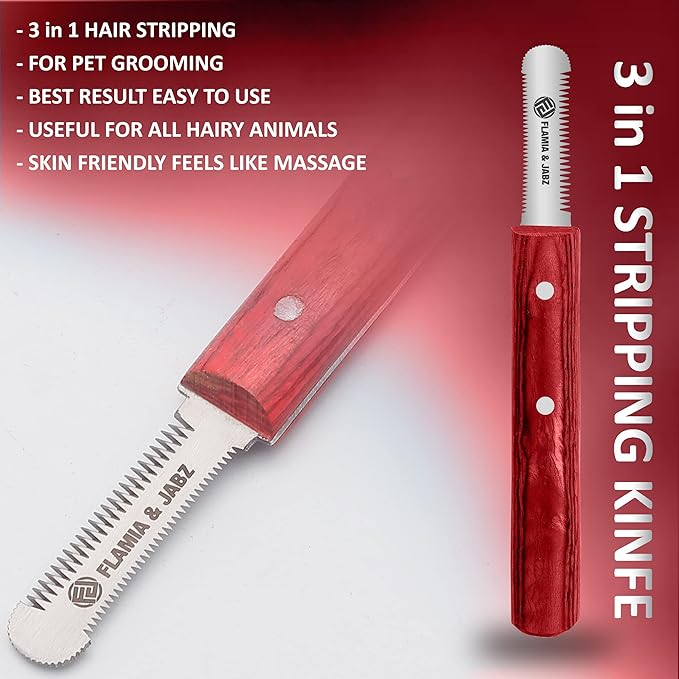 FLAMIA & JABZ FJ Professional Stripping Knife kit (6 pieces set) for Dogs & Pets, Wooden Handle Grip with Stainless Steel Blade (Right handed) (Coral Red)