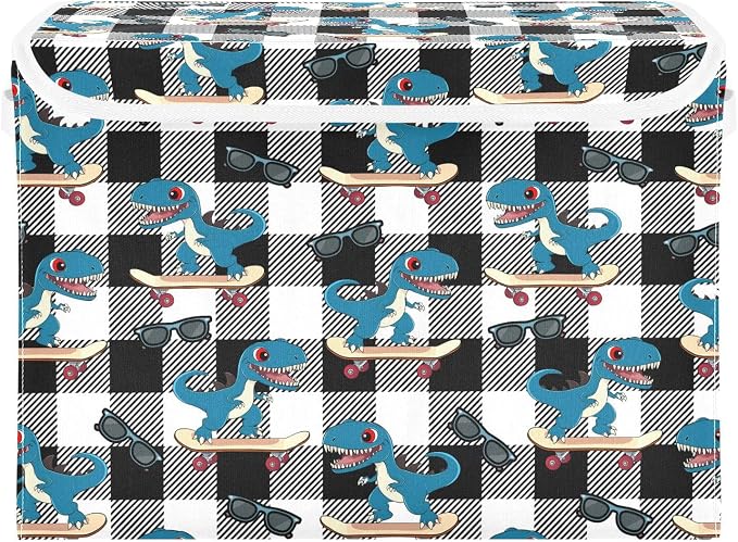 Dino Scooter Fabric Storage Bins with Lid Closet Storage Basket 40L | Decorative Storage Boxes, Dust-Proof Flip Top, Reinforced Handles, For Home & Bedroom, Clothes & Toy Box, Dino Fabric Print