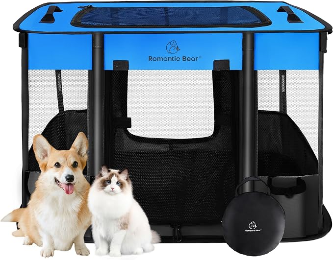 ROMANTIC BEAR Dog Playpen,Foldable Pet Puppy Cat Playpen,M(32"x24"x22") | Dog Crate with Upgrade Breathable Mesh and Durable 600D Oxford Cloth,Sturdy Dog Cage Indoor & Outdoor for Small Animals,Blue