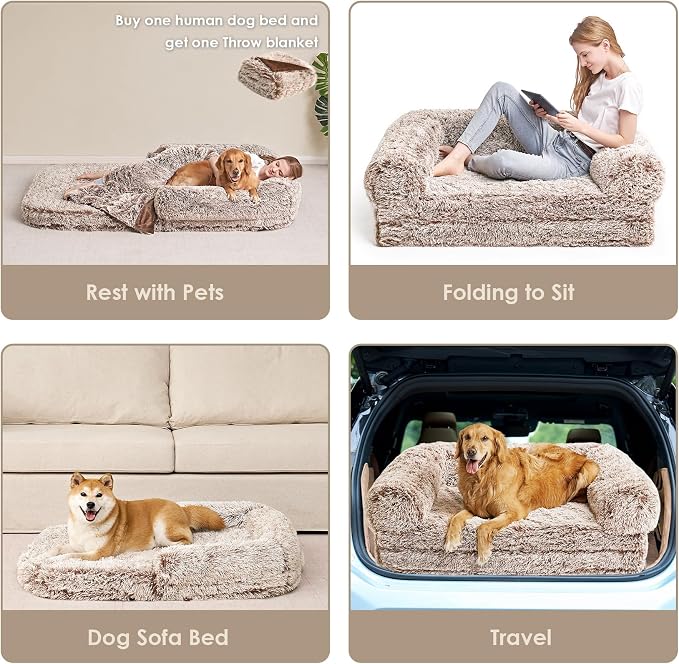 EHEYCIGA Orthopedic Foldable Human Dog Bed - 72x44x11, Faded Brown | Memory Foam Human Sized Dog Bed, Waterproof Pet Bed for People, Faux Fur Pet Couch for Adult with Non-Slip Bottom