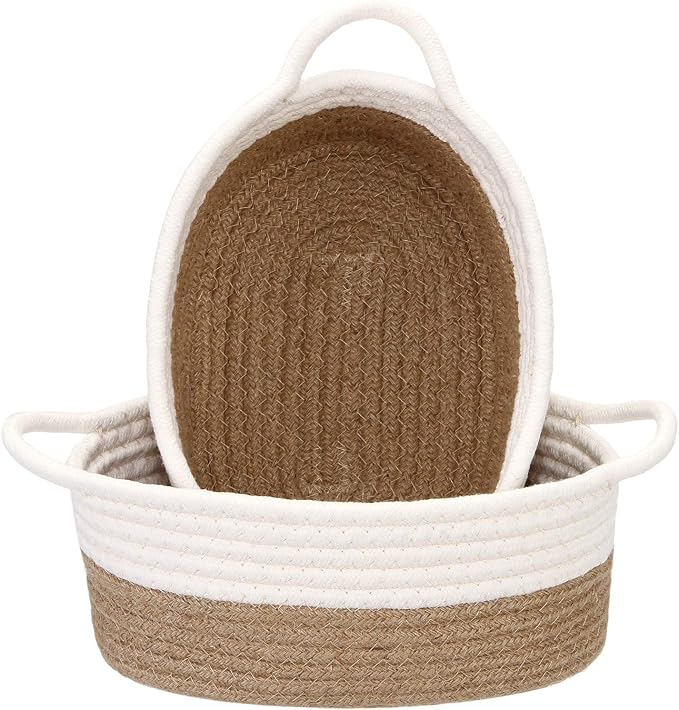 Sea Team 2-Pack Compact Woven Cotton Rope Storage Baskets, Flaxen | Knitted Decorative Organizer Bins with Handles, Portable Oval Containers for Small Items, Keys, Makeup, Jewelry, Trinkets