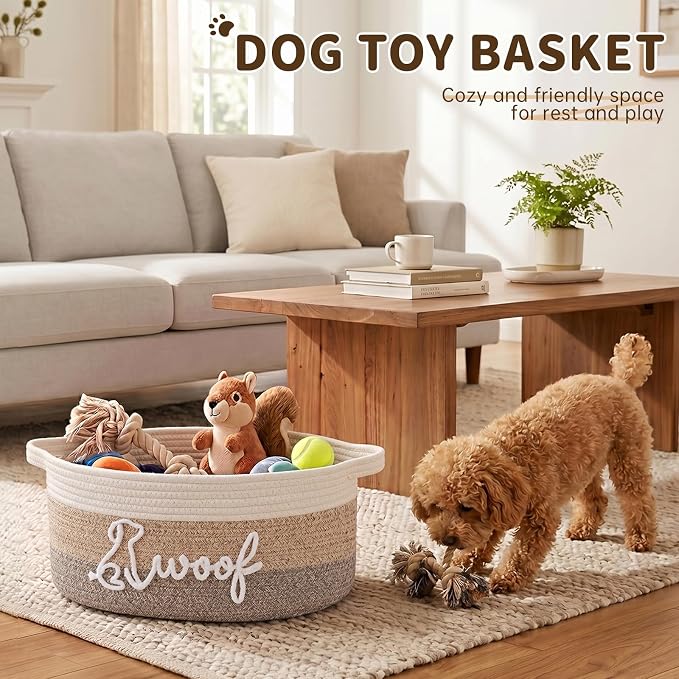 OIAHOMY 14L Large Dog Toy Basket, 16.1"x9.5"x7" Cotton Rope Basket with Cute Woof Embroidery, Soft Woven Pet Toy Box with Handles for Blankets, Leashes & Puppy Accessories, Decorative Organizer Brown