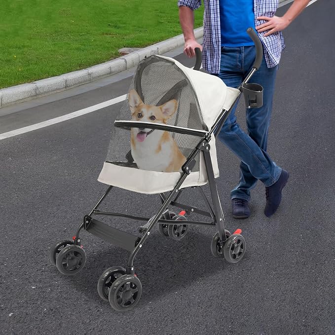 4 Wheels Pet Stroller with Waterproof Cover | Easy-Fold Travel Carrier | Pet Strolling Cart for Small/Medium Dogs and Cat | with Storage Pocket, Cup Holder & Breathable Mesh | for All-Season (Gray)