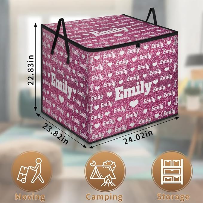 Personalized Storage Bins with Lid, Customized Name Jumbo Storage Basket Rectangle Clothes Organizer for Organizing Kids and Pets Toys Shelf Closet, Pink Bling Glitters with Love Hearts