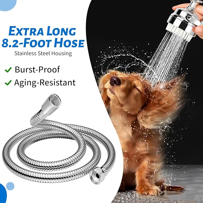 Pet Shower Attachment with 8.2ft Hose & Silicone Brush，Three modes Dog Bathing Tool，Easy Connect to Bathtub Faucet for Dogs Cats Home Use