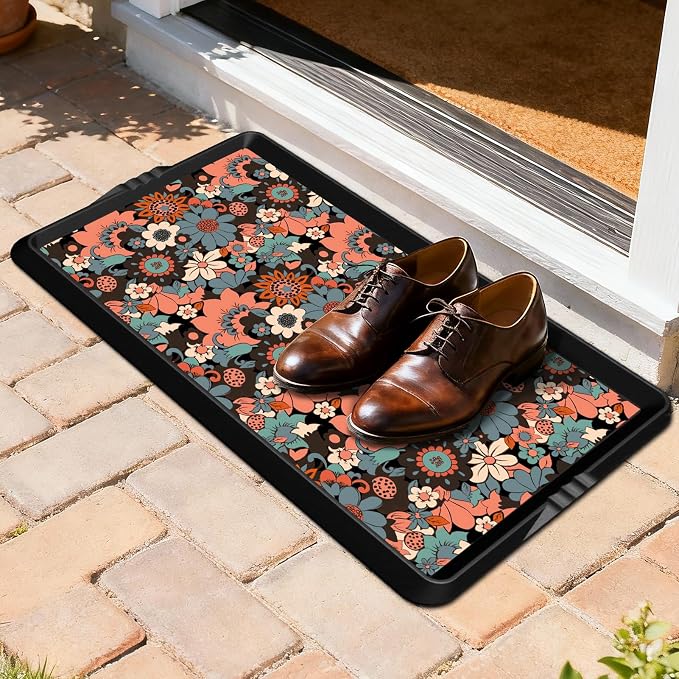 BEHERO Boot Tray Shoe Mat Decorative Patterned, Rubber Shoe Matt Tray Indoor/Outdoor Use, 16" x27.5" Shoe Cleaning Mat Non-Slip, Shoe Storage Waterproof Flower Prints for Entryway, Sunlit Blossom