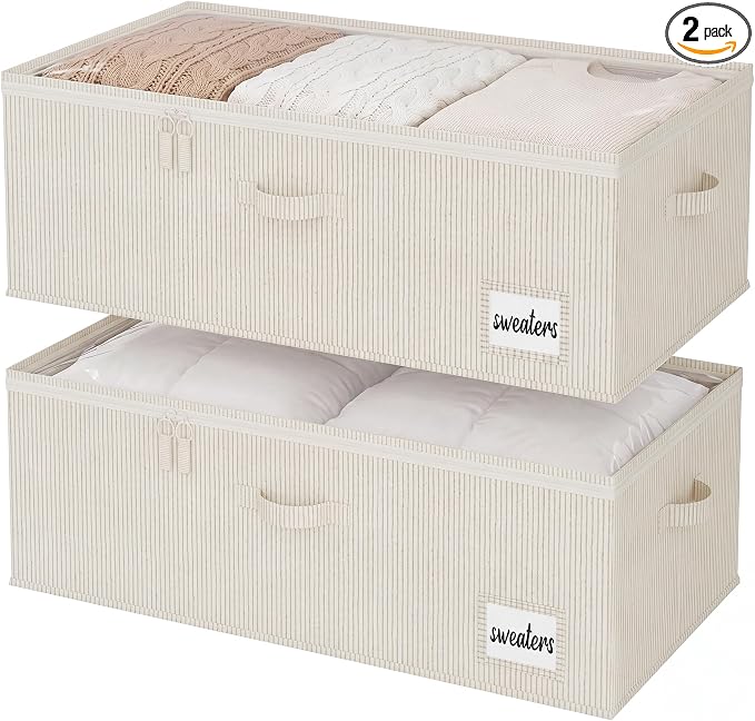 StorageWorks 10 Inch Tall Under Bed Storage Containers with Clear Lid | Reinforced Structure, Resists Sagging, Handles & Label Holder, Foldable Stackable Closet Storage for Clothes, Blankets, Toys