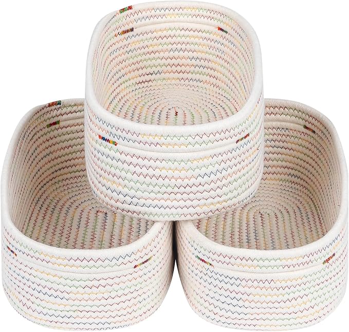 CubesLand Rectangle Woven Cotton Rope Storage Basket for Organizing | Small Basket for Kids, Baby Nursery, Cat Dog Toy Baskets, Organizer Bins for Shelves Rainbow Stitches
