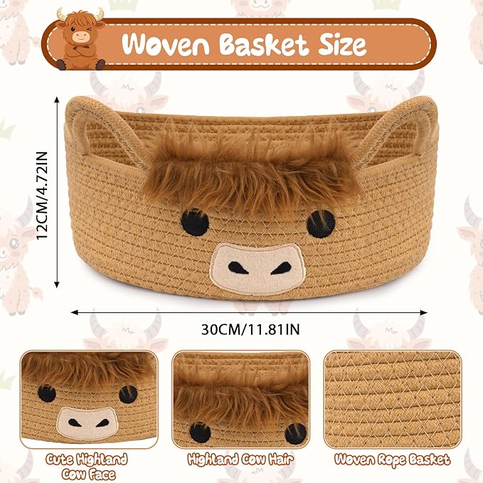 Oval Highland Cute Cow Basket for Nursery, Small Woven Gift Basket | Rope Cotton Storage for Gifts Empty, Baby Shower Blanket 0rganizer with Handles,Towel Decorative Bins, 12"D x 5"H IN