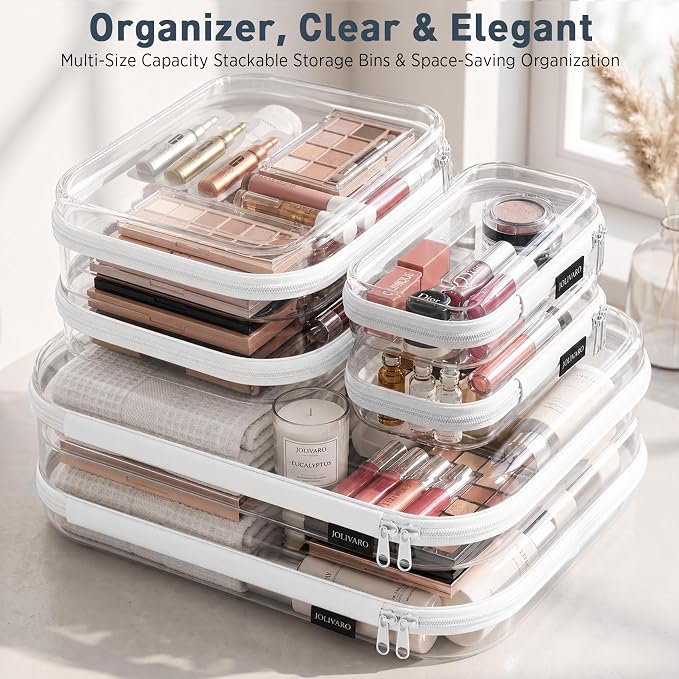 Clear Hard Shell Zipper Case Makeup Storage Organizer Pouches TSA Approved | Travel organizer bags for toiletries, cosmetics, electronics & diaper bins. Multi-size for office, camping, beach & home
