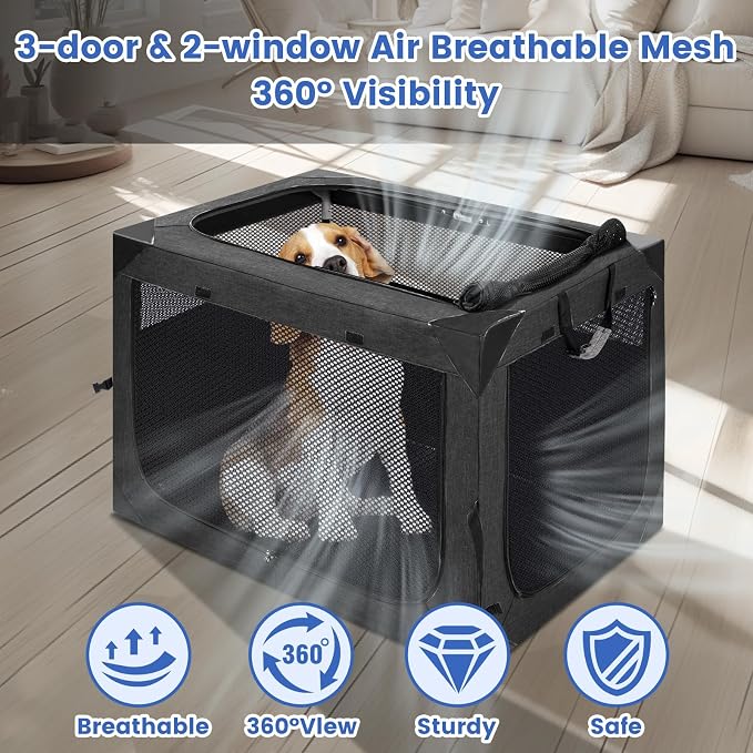 Dog Crate,36x25x25 Inch Large Dog Crate for Large or Medium Dogs, Portable and Foldable Design of Dog Cage, Perfect for Travel or Home Use, Dog Kennel with 3-Door and Durable Mesh Windows, Dark Grey