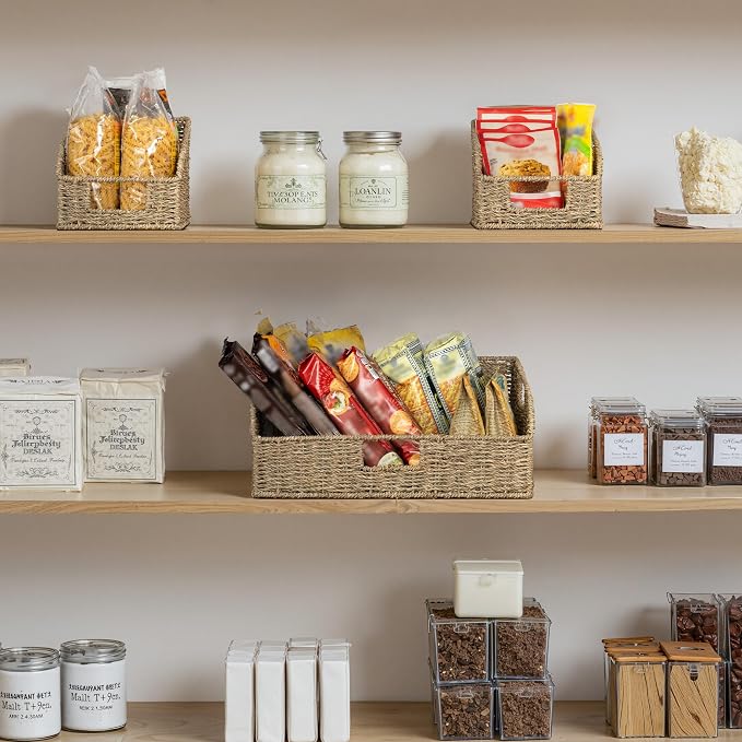 StorageWorks Seagrass Storage Baskets, Pantry Organizers and Storage,3-Pack | Pantry Storage Baskets, Wicker Baskets with Built-in Handles, Handwoven Shelf Baskets for Organizing, Pantry Organization