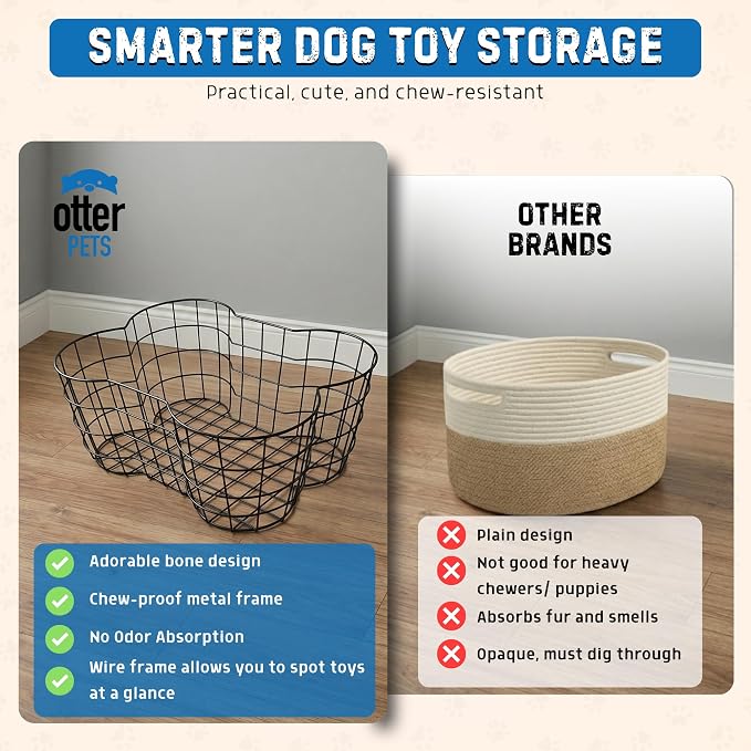 OtterPets Metal Dog Toy Basket Bone Shaped Indestructible Dog Toy Bin 17x13 | 17" long, 13" wide, 7" tall, metal wire dog storage organizer, dog toy bin, dog toy box, pet toy basket, dog toy storage