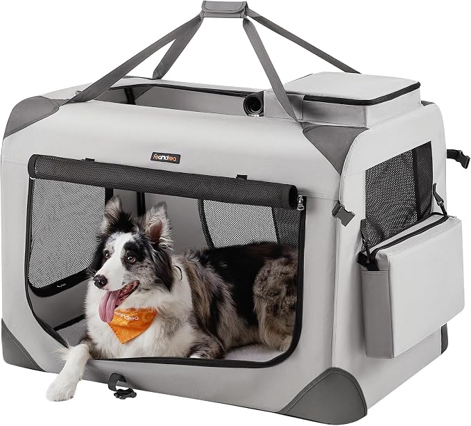 Feandrea Collapsible Soft Dog Crate, Portable Travel Carrier, 32 Inches | Dog Kennel with Safety Zippers, for Indoor and Outdoor Use, Smoke Gray, UPDC090G02