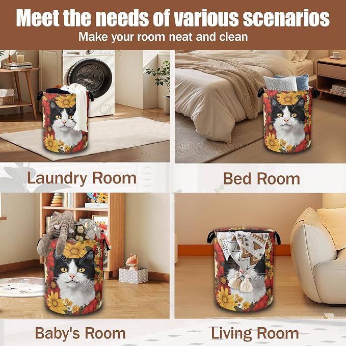Black White Cat Laundry Basket,Red White Daisies Collapsible Laundry Hamper Waterproof Oxford Cloth With Handles,Clothes Storage Bucket Toy Organizer For Bathroom/Nursery/Bedroom 16" x 20.8"