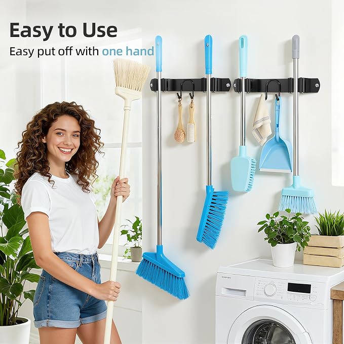 Broom Holder Wall Mount, 2-Pack Stainless Steel Mop and Broom Organizer, Broom Hanger with 2 Slots 2 Hooks for Home Kitchen, Garage, Garden and Laundry Room, Black