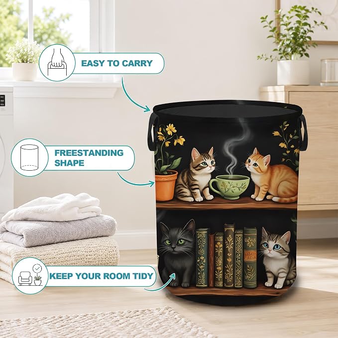 Laundry Basket,Cat Bookshelf Foldable Clothes Hamper with Handles,Library Floral Plants Waterproof Oxford Cloth Storage Organizer for Bedroom Bathroom College Dorm,16" x 20"