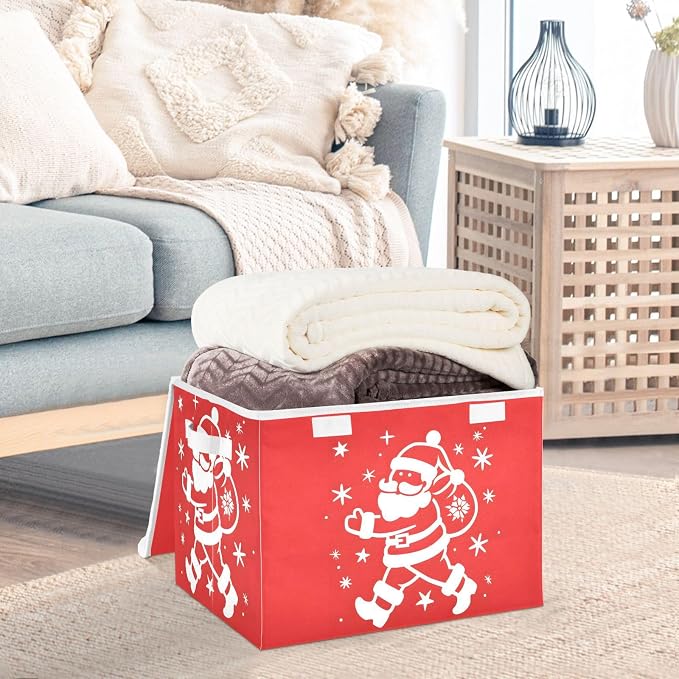 Santa Claus Fabric Storage Bins with Lid Foldable Storage Boxes 40L Baskets | Decorative Storage Boxes, 300D Oxford Cloth, Hollow Board Frame, Flip Top Velcro Lid, 16.5x12.6x11.8 inch, Collapsible Design