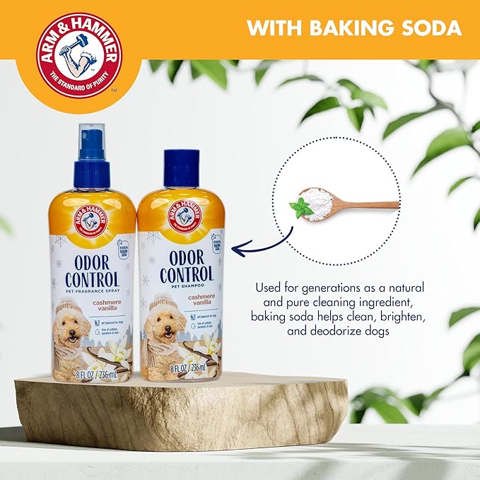 Arm & Hammer Odor Control Pet Grooming Gift Set, Includes Dog Shampoo 8 Fl Oz and Dog Bath Spray 8 Fl Oz, Cashmere Vanilla Scent, pH Balanced, Paraben and Sulfate Free