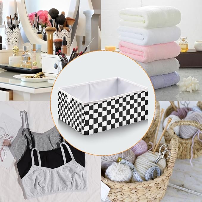 Black and White Checkered Pattern Cube Storage Bins Collapsible Fabric Storage Baskets Large Clothes Organizer Box for Bedroom Living Room Study Room 11×11×11 In