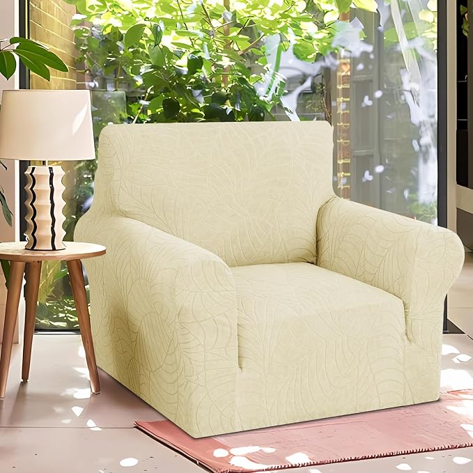 YEMYHOM Couch Cover Latest Jacquard Design High Stretch Sofa Chair Covers for Living Room, Pet Dog Cat Proof Armchair Slipcover Non Slip Magic Elastic Furniture Protector (Small, Begonia Leaf Beige)