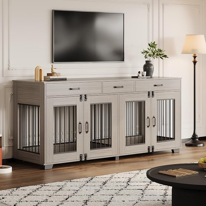 IDEALHOUSE 71-Inch Large Dog Crate with 3 Drawers for 2 Dogs, Grey | Dog Kennel Furniture, Large Breed Dog Crate and TV Stand for Medium-Large Dog
