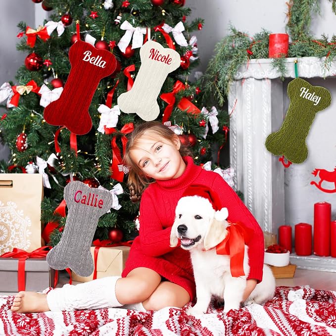 Personalized Pet Christmas Stocking,18 inch Custom Name Knit Christmas Stockings for Dog，Large Bone Xmas Stockings (Set of 2)