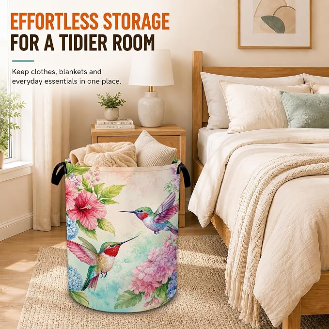 Hummingbird Laundry Basket,Hibiscus Hydrangea Foldable Oxford Laundry Hamper with Handles,Collapsible Clothes Storage Bucket Tote Bag for Laundry Room,Bathroom,Bedroom,Dorm