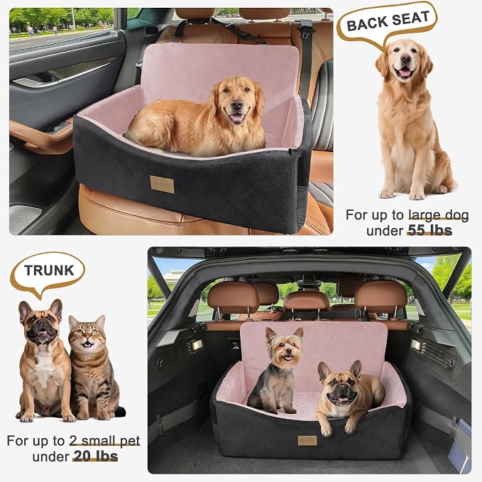 JOEJOY Dog Car Seat for Large Medium Sized Dogs Under 55 lbs, Dog Booster Seat for 2 Small Dogs with Detachable Washable Cover, Memory Foam Pet Car Seat with 2 Safety Belts and Storage Pockets