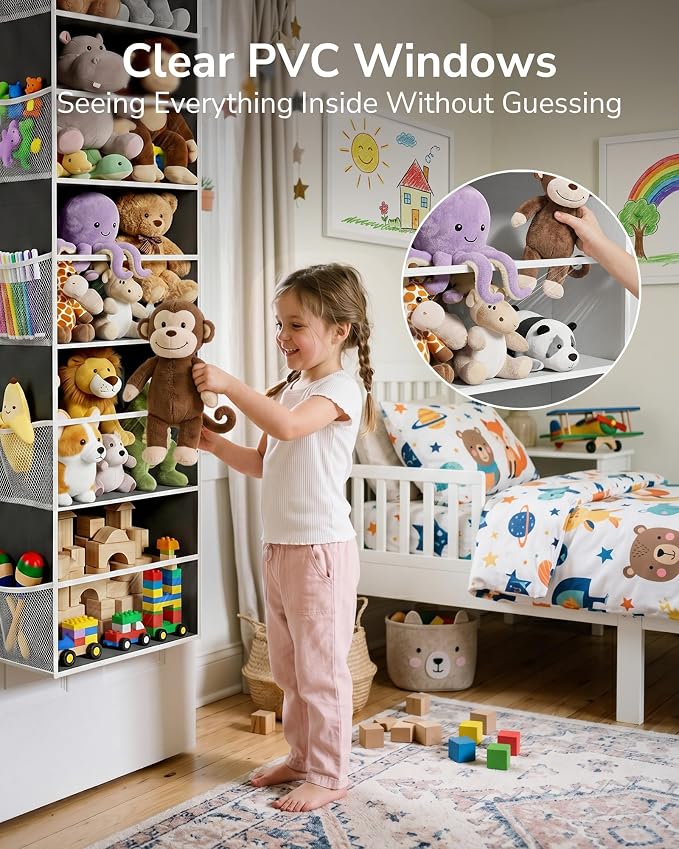 ULG Stuffed Animal Organizer Over the Door, Large Hanging Plush Toy Storage with Mesh Window, Cotton Kids Toy Organizer for Bedroom, Nursery, Playroom & Baby Items Dark Grey