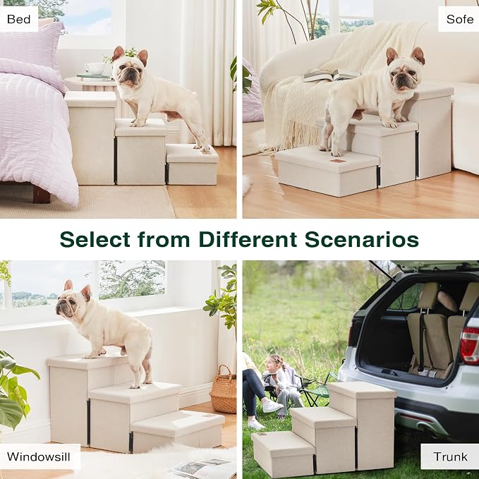 Love's cabin Dog Stairs for High Bed, Foldable Pet Stairs for Small Medium or Large Dogs Puppy with Storage for Bed or Couch, Cat Dog Steps Ramp with Zip up to 200 lbs, Beige, 3 Steps