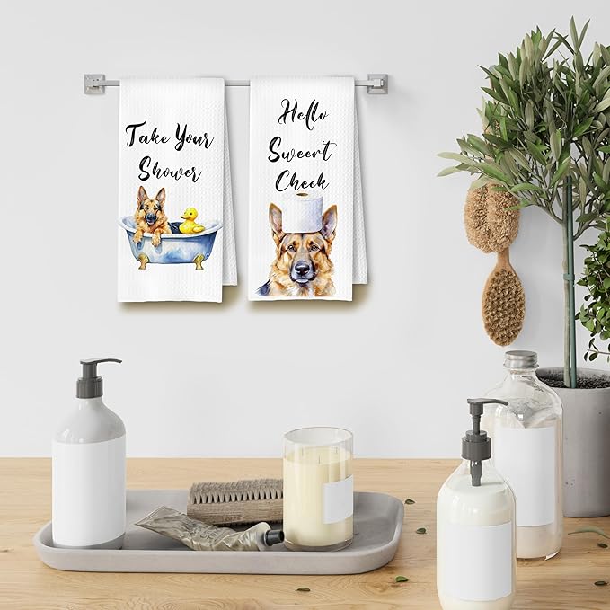 Funny German Shepherd Hand Towels for Bathroom Washroom, German Shepherd Gifts for Women Men, Dog Bathroom Decor, Humor Dog Hand Towels, 16x24 Inch Set of 4