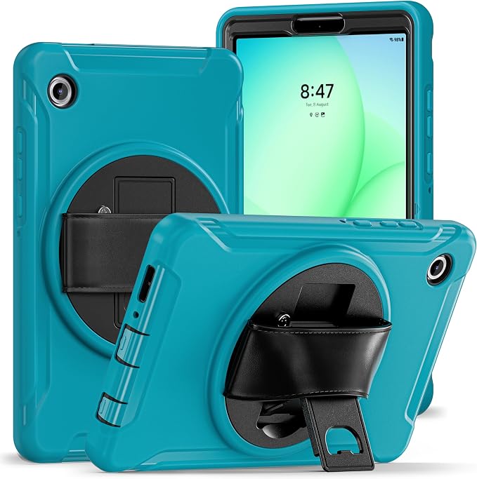 for Samsung Galaxy Tab A11 (2025) 8.7 inch Case 5G with Screen Protector, Hand Strap, Pen Holder & 360° Rotating Stand,Shockproof Protective Cover for SM-X130/X133/X135 (Blue)