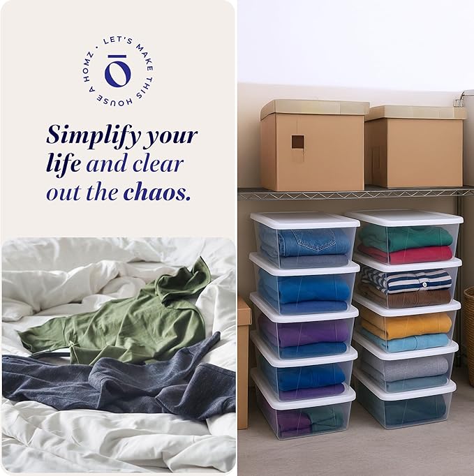 HOMZ Clear Plastic Storage Bins w/Snaplock Lids, 6 Qt, White, 10 Pack | Stackable Container Set for Home, Office Shelves, Kitchen, Garage, and Bathroom Organization