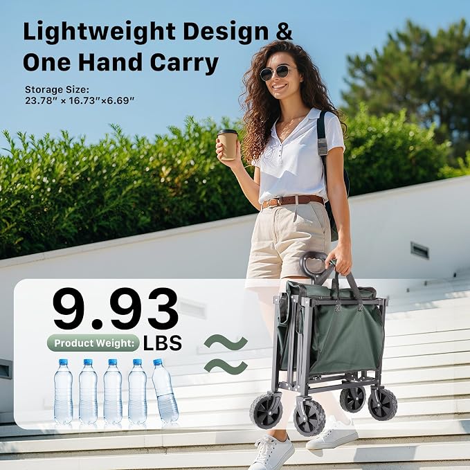 29.3" Collapsible Wagon Cart, 150L Heavy Duty Folding Utility Wagon with Wheels, 260 lbs Load, Portable Rolling Cart for Garden, Shopping, Sports, Camping, Army Green
