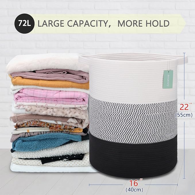 Cotton Rope Blanket Basket, 72L Laundry Hamper, White& Gray& Black