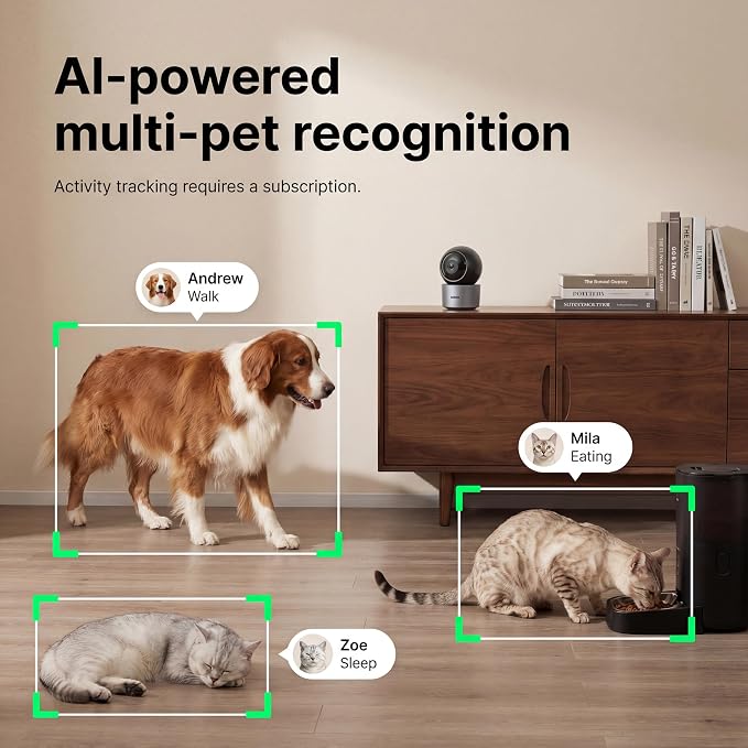 AI Pet Camera Indoor, Multi-Pet Recognition for Up to 6 Pets, 2K 3MP Dog & Cat Camera with 360° Auto Tracking, AI Daily Summaries, Night Vision, 2-Way Audio, 2.4/5GHz WiFi