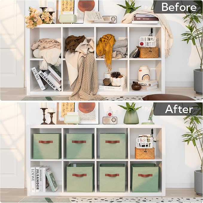 GRANNY SAYS 11 Inch Fabric Storage Cubes, 6-Pack, Sage Green | Collapsible Cube Storage Bins with Thickened Base Plate, Sturdy Handles, Decorative Baskets for Shelves, Closet