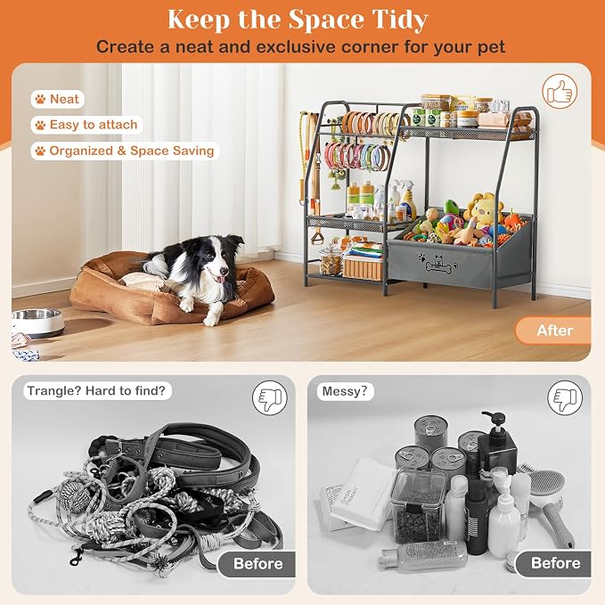 Lomivra Large Dog Toy Basket with Dog Storage Organizer, Trapezoid Toy Bin Box with Collar Leash Holder Hook, Dogs Toy Holder Chest Pet Storage Cabinet for Living Room Dogs Essentials