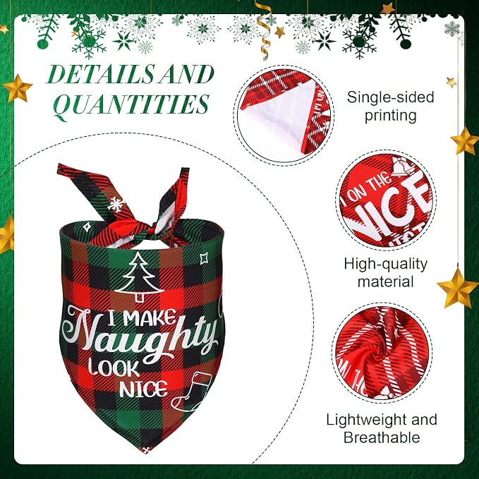 8 Pcs Christmas Dog Bandanas Buffalo Plaid Pet Scarf Bibs,Medium | Adjustable Triangle Bibs with Holiday Sayings, Reversible Red Black Green Plaid, Festive Costume Accessory for Pet Photos
