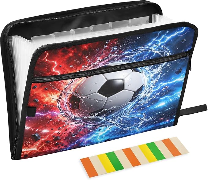 Soccer Neon 13 Pocket File Organizer Expanding File Folder with Front Pouch Portable Business File Storage Document Organizer Folder with Zipper