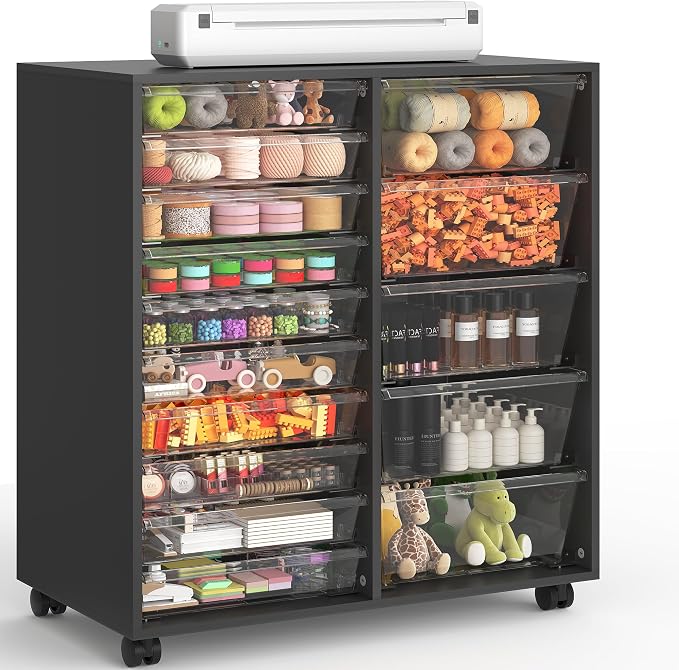 Mobile Storage Cabinet with 15 Clear Drawers, Modern Black | Craft Cabinet with 5 Large Drawers, Cart with Wooden Tabletop, Printer Stand Home Office, Dresser Chest