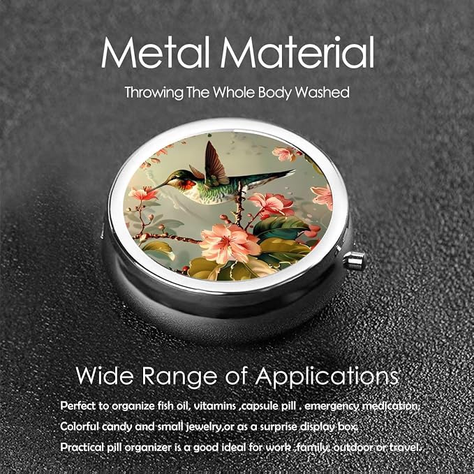 Pill Box, Small Pill Organizer with 3 Compartments and Mirror, Cute Round Portable Travel Metal Pill Case for Pocket or Purse, Privacy-Protecting Medicine Box-Hummingbird Flowers
