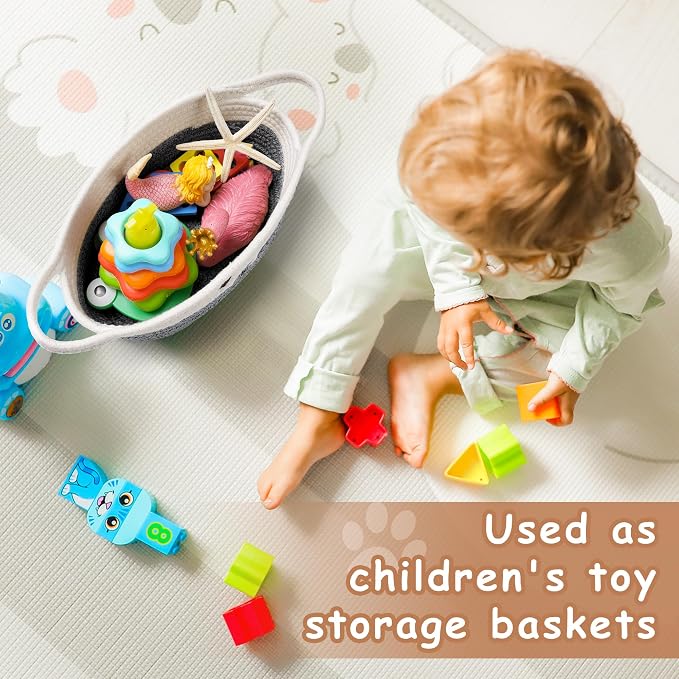 Small Woven Baskets for Organizing Rope with Handle Cute Cotton Basket for Nursery Gift Dog Cat Toy Storage Basket for Toy Organizer-Gray
