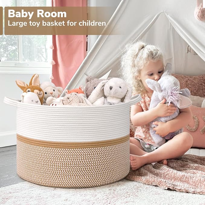 CHICVITA XXL Cotton Rope Woven Blanket Basket with Handles, White & Brown | Home decor storage basket for laundry, baby nursery, toys. Decorative toy bin, 22x22x14in