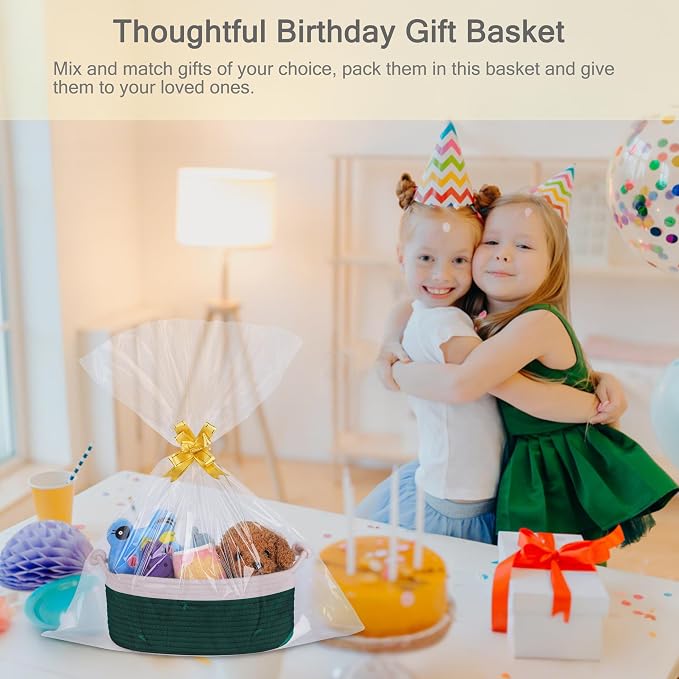 Small Empty Gift Basket with Bag & Ribbons, White & Dark Green | 12“x8”x5”, Cotton Rope Woven Basket for Birthdays, Baby Showers, Mother's Day, Christmas; Stores Small Items, Kids & Pet Toys