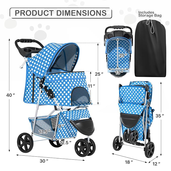 MoNiBloom Pet Stroller for Small/Medium Dogs and Cats, Sky Blue | Foldable Dog Stroller 3 Wheels Pet Strolling Cart w/ Storage Basket Cup Holder, Breathable and Visible Mesh for All-Season