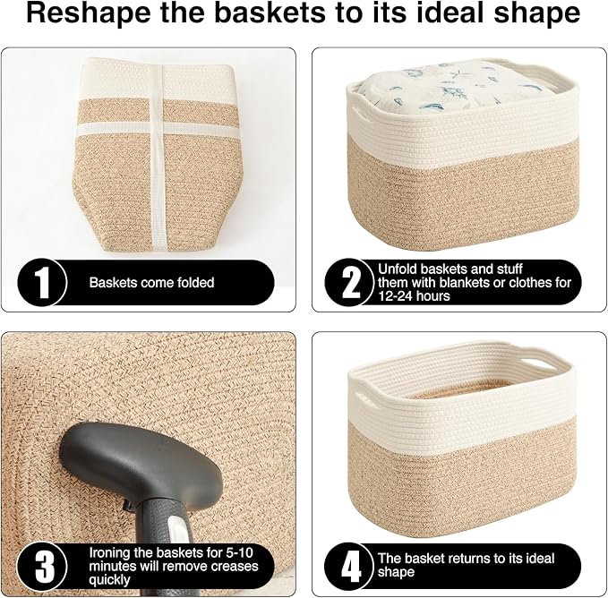 ICERZCZ Storage Baskets for Organizing & Shelves, Woven Cotton Rope Organization Bins for Dog Toys, Clothes, Books, Nursery Organizer, 15"Lx11''Wx9.5''H, (4 Packs) Off White & Brown