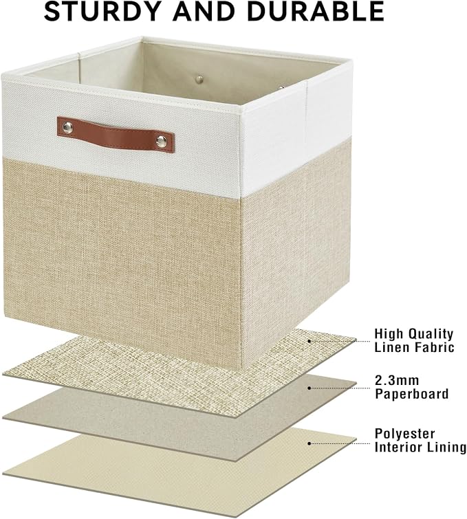 13x15x13 Storage Cube Bins, Foldable Storage Organizer Baskets, Fabric Cube Storage Boxes with 2 Reinforced PU Handles for Kallax, Shelves, Living Room | 4 Pack, Beige & White